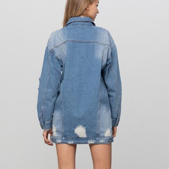 NEW PREMIUM OVERSIZED DISTRESSED DENIM JEAN JACKET shacket LARGE classic - Picture 5 of 6